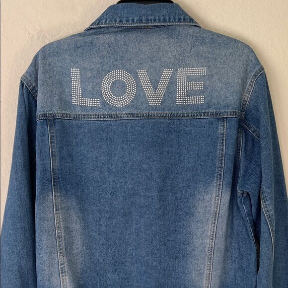 Like New! Blue Denim Jacket with 'LOVE' Embellishment Size and Brand Unknown - Picture 2 of 13